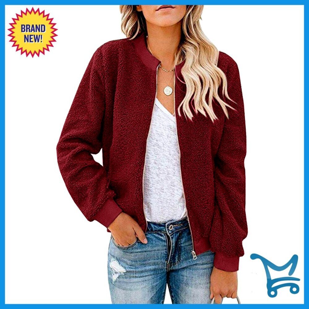Women's Fleece Bomber Jacket Sherpa Winter Coat Casual Zip Up Loose Fit